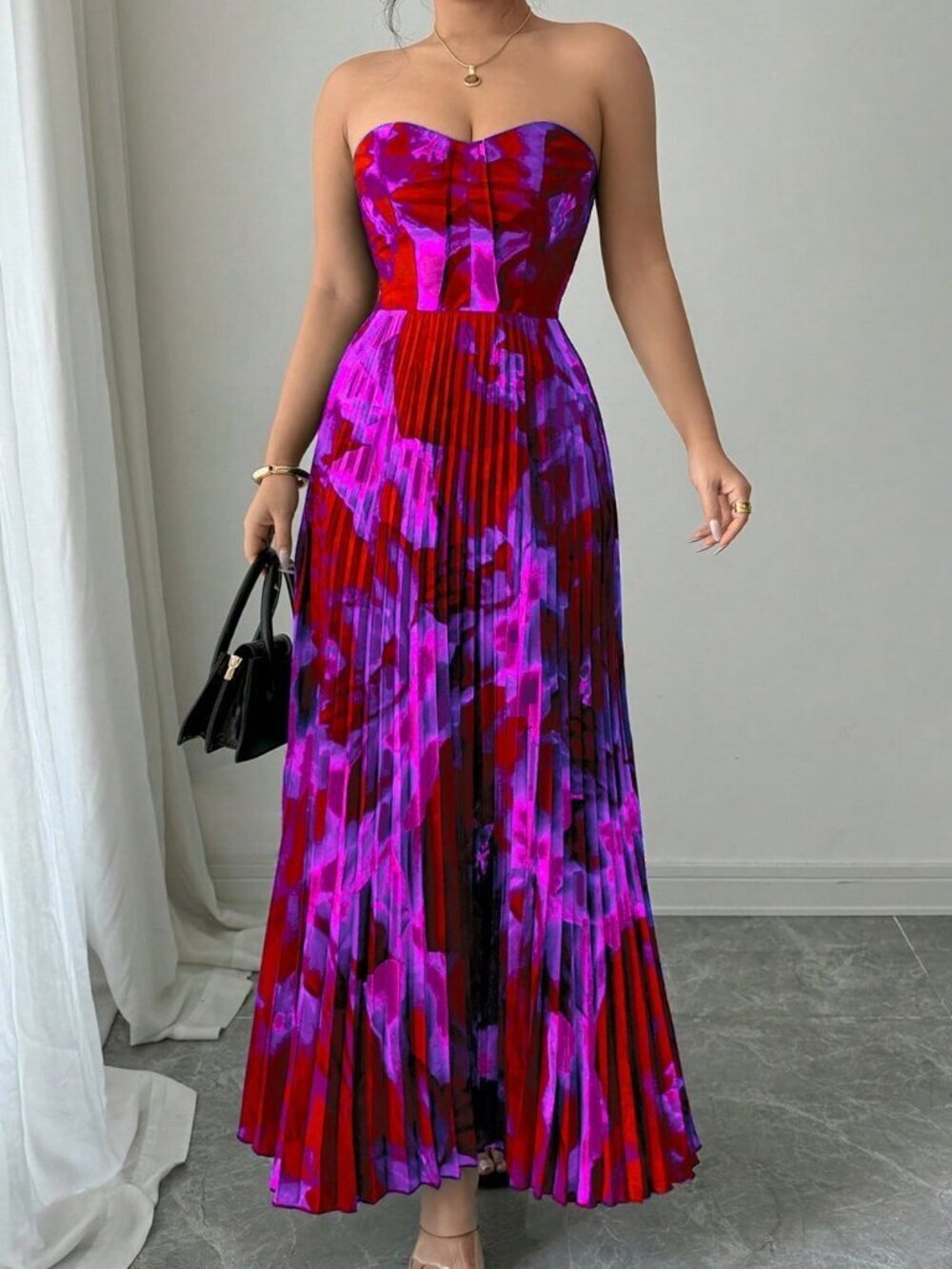Purple Casual Women's Bandeau Waist-Cinched Pleated Full Print Dress - Picture 5 of 6